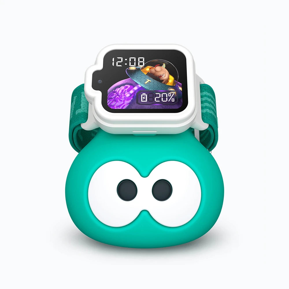 TickTalk 6 kids smartwatch on its green charging dock, front view.