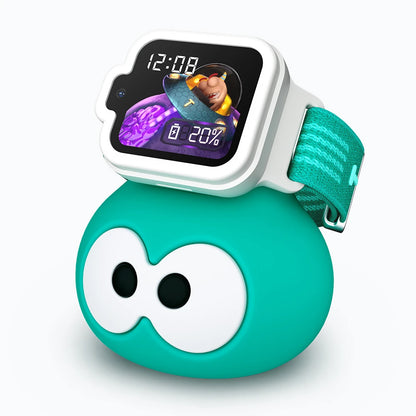 TickTalk 6 kids smartwatch on its green charging dock, three-quarter view.