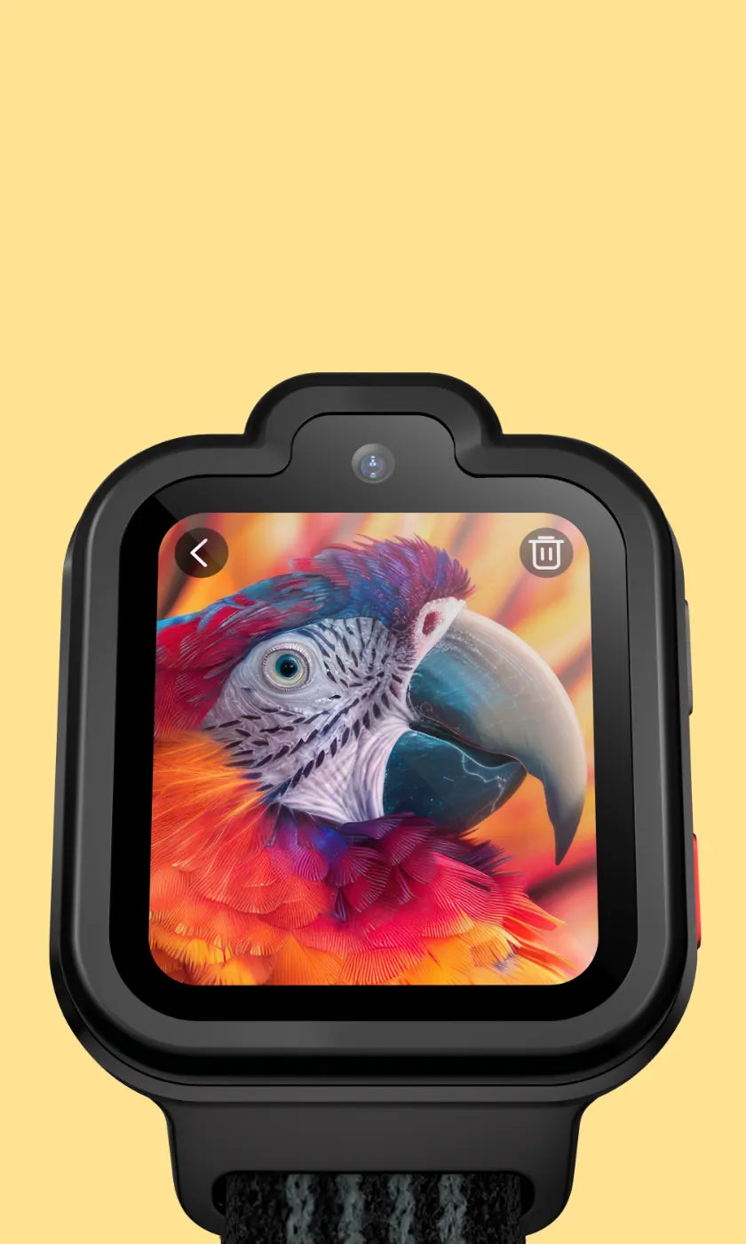 Black TickTalk 6 kids smartwatch displaying a colorful parrot photo on its screen.