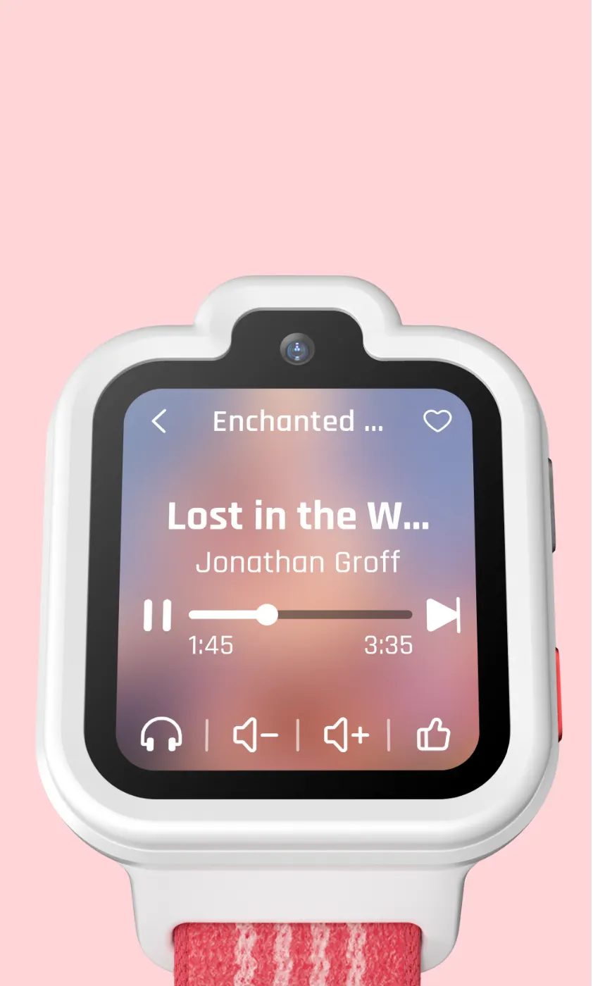 Child selecting a TickTalk Radio music playlist on a TickTalk 6 kids smartwatch.