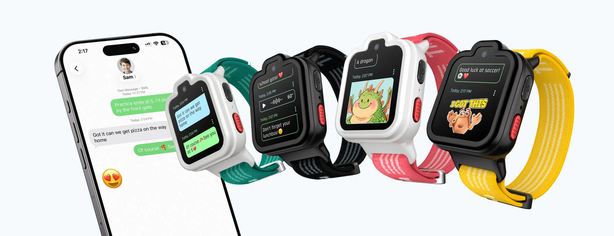 TickTalk 6 kids smartwatches and a parent phone displaying SMS messages and group chat.