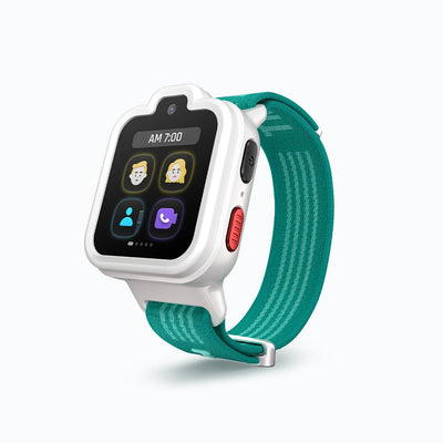Lunar White TickTalk 6 kids smartwatch with a teal band, three-quarter view.