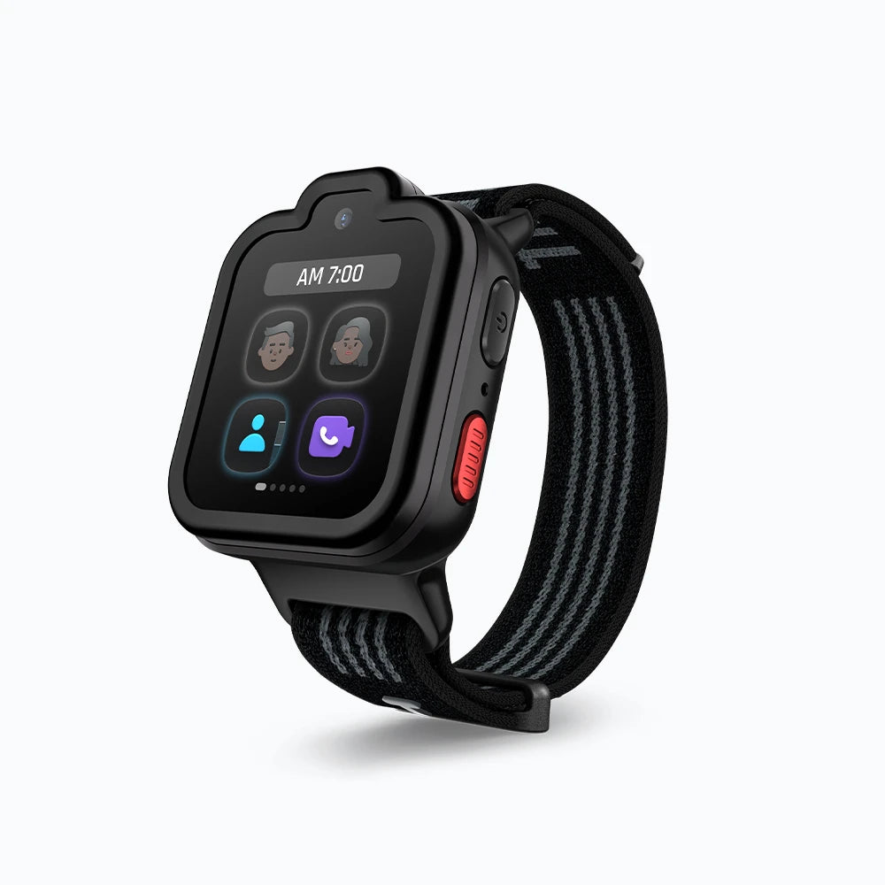 Orbit Black TickTalk 6 kids smartwatch, three-quarter view. 