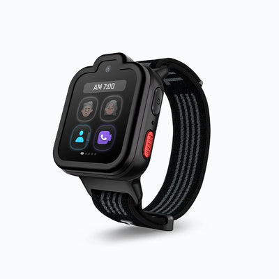 Orbit Black TickTalk 6 kids smartwatch, three-quarter view. 