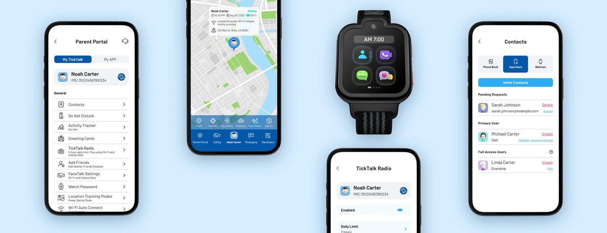 TickTalk parent app screens showing settings, GPS location, and watch management