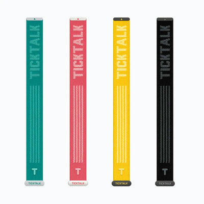 TickTalk 6 replacement wristbands in Black Sand, Pacific Teal, Sunshine Yellow and Coral Pink.