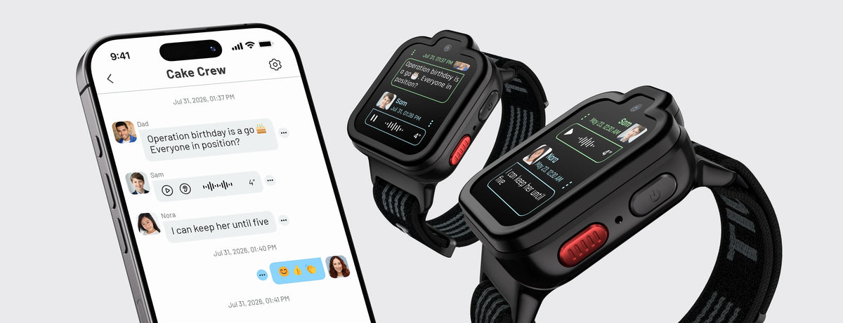 TickTalk 6 watches and a smartphone displaying text messages and group chat