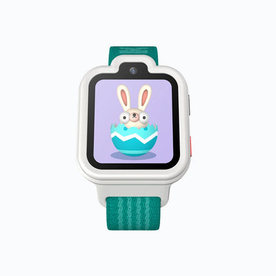 White and green TickTalk 6 kids smartwatch displaying cellular signal status. 