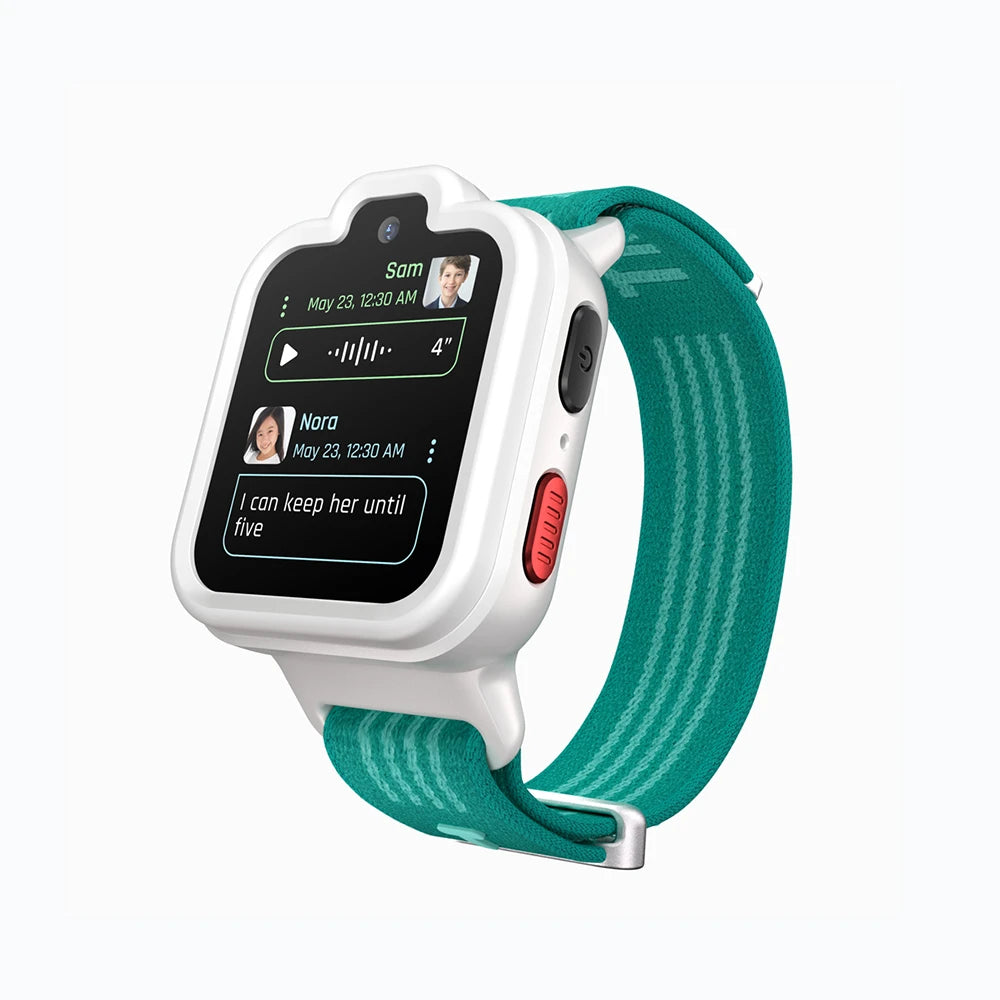 White and green TickTalk 6 kids smartwatch displaying a family group chat. 