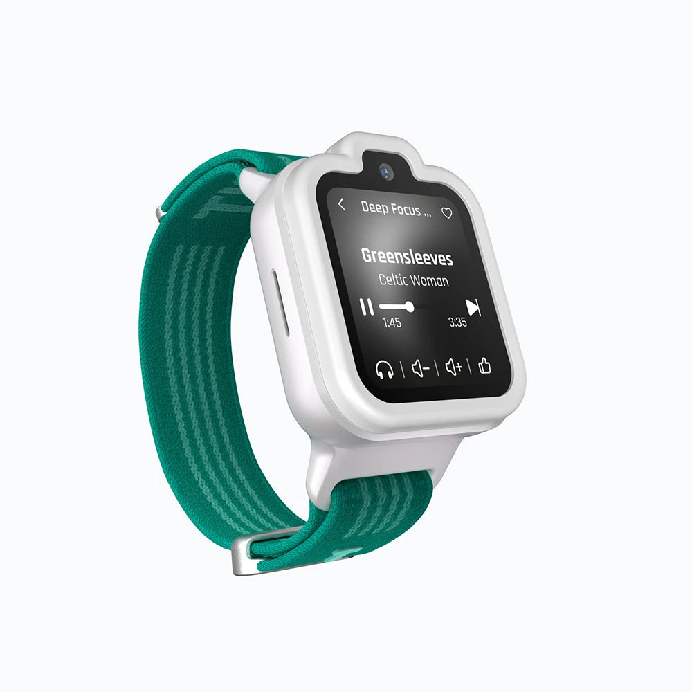 White and green TickTalk 6 kids smartwatch displaying its music player. 