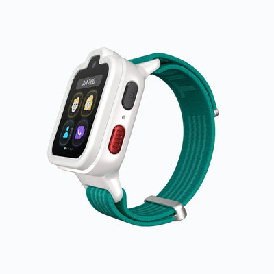 White TickTalk 6 kids smartwatch during a video call with a parent. 
