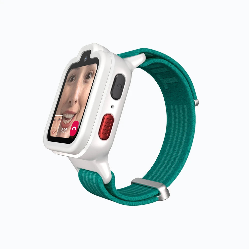 White TickTalk 6 kids smartwatch displaying a video call. #color_lunar-white